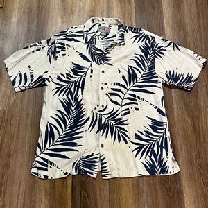 Hilo Hattie Silk Hawaiian Shirt Blue Palm Leaf Aloha Camp Collar Medium